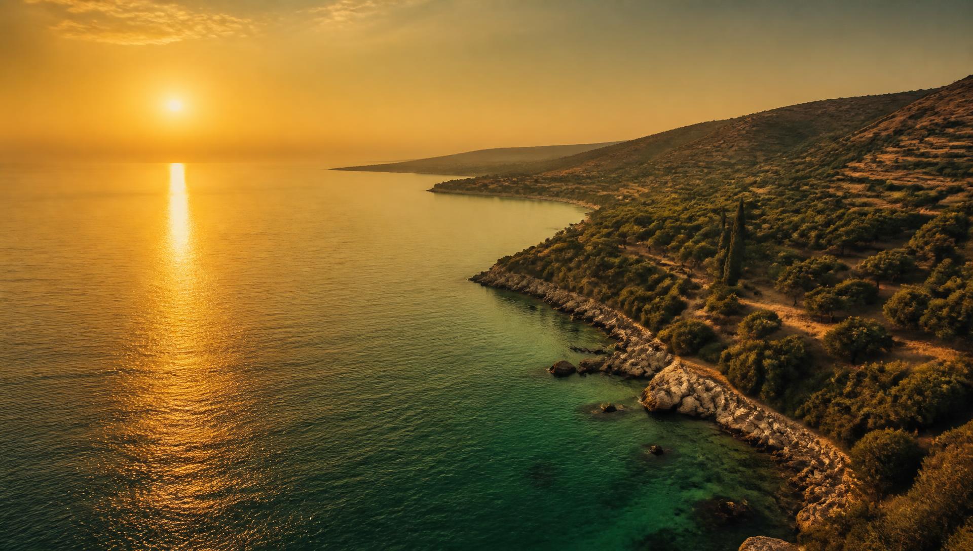 Mediterranean coastline at golden hour with emerald sea and warm golden light